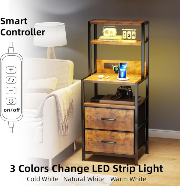 Bedside Table with Charging Station and LED Light Strips, Nightstand with Drawers, Bedside Cabinet for Living Room - Image 4