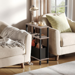 Side Table, End Table with Charging Station, Narrow Side Table for Small Spaces, Skinny Bedside Table, Slim Nightstand with Drawer, for Bedroom, Living Room, Greige and Black