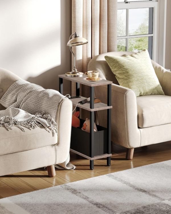 Side Table, End Table with Charging Station, Narrow Side Table for Small Spaces, Skinny Bedside Table, Slim Nightstand with Drawer, for Bedroom, Living Room, Greige and Black