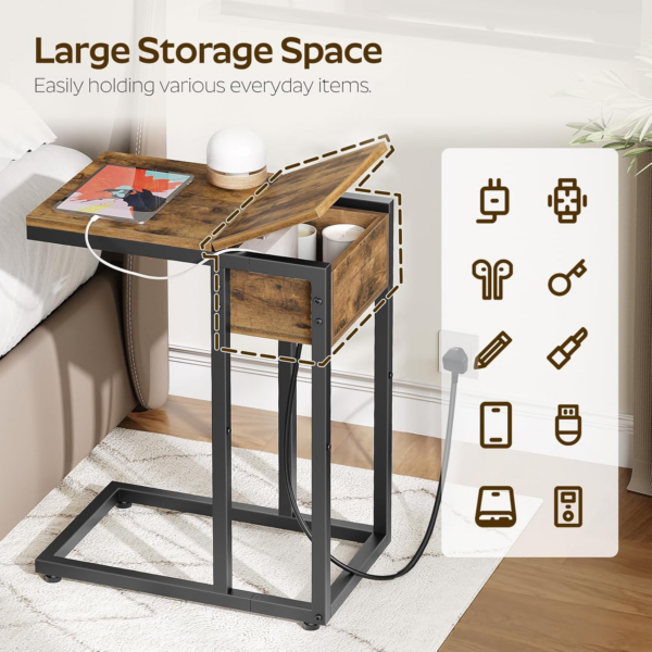 C Shaped Side Table, Sofa Side Table with Charging Station, Narrow Bedside Table with Lift-Up Lid, 1 Outlet and 2 USB Ports, Small End Table for Living Room, Bedroom, Rustic Brown - Image 3