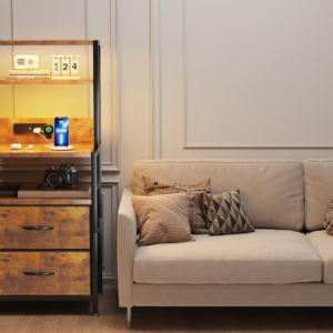 Bedside Table with Charging Station and LED Light Strips, Nightstand with Drawers, Bedside Cabinet for Living Room