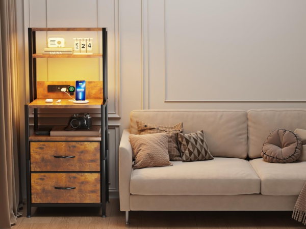 Bedside Table with Charging Station and LED Light Strips, Nightstand with Drawers, Bedside Cabinet for Living Room