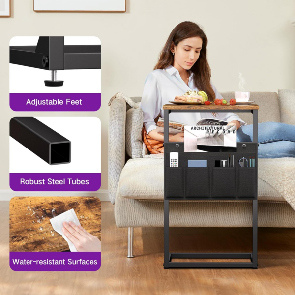 C Shaped Side Table 69cm High with Storage Bag, Narrow Sofa End Snack Table for Small Space, Slide Under Couch Table - Image 4