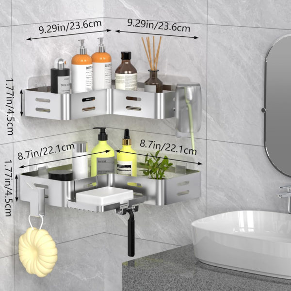 Corner Shower Caddy, Shower Shelf No Drilling, Bathroom Storage with Razor Holder for Shower and 2 Hooks, Shower Organiser(Silver) - Image 2
