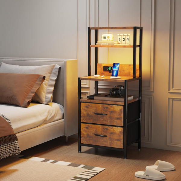 Bedside Table with Charging Station and LED Light Strips, Nightstand with Drawers, Bedside Cabinet for Living Room - Image 6