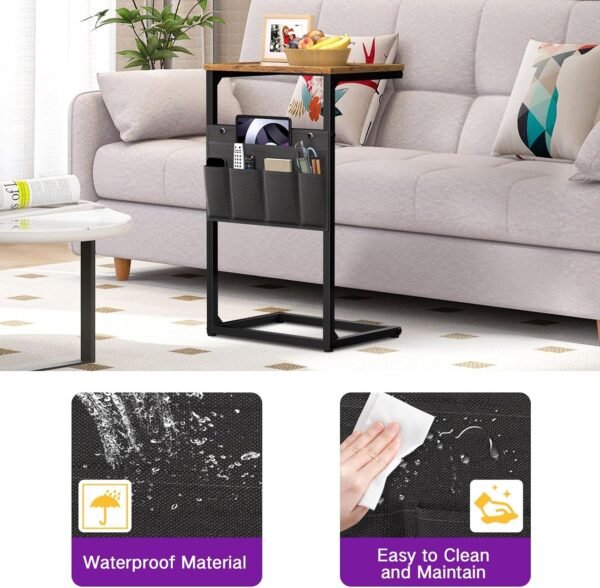C Shaped Side Table 69cm High with Storage Bag, Narrow Sofa End Snack Table for Small Space, Slide Under Couch Table - Image 5
