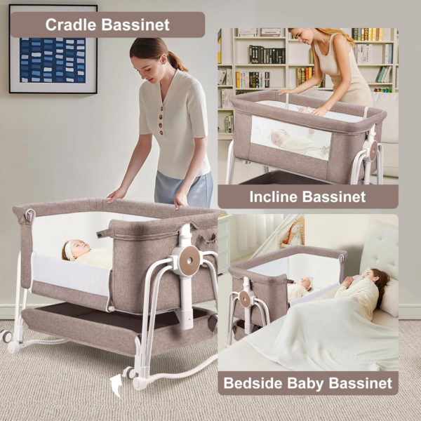 4 In 1 Baby Crib, Baby Next to Me Crib, 7 Level Adjustable Bedside Crib, Portable Bed for Baby with Wheels - Image 6