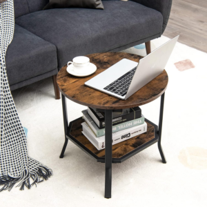 Round Side Table, 2-Tier Industrial Sofa End Table Accent Nightstand with Storage Shelf