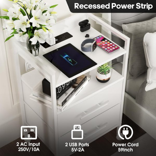 Bedside Table with Charging Station, Nightstand with 2 Outlets and 2 USB Ports, Sofa Side Table with 4 Castors and Fabric Drawers for Bedroom - Image 3