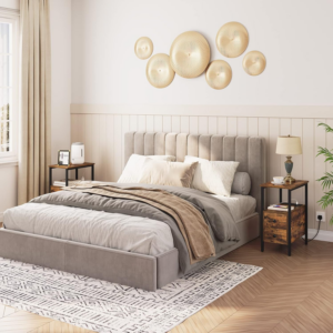 Side Table, Narrow Bedside Table with Charging Station, USB Ports and Power Outlets, Slim Side Table for Small Spaces