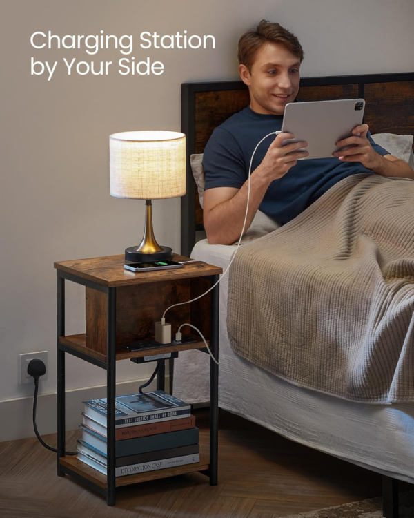 Slim Side Table with Charging Station, Narrow Bedside Table with 2 AC Outlets 2 USB Outlets - Image 4