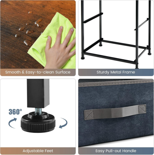 Bedside Table, Industrial Storage Nightstand with 2 Folding Fabric Drawers, Metal Frame End Tables for Bedroom Living Room Office - Image 3
