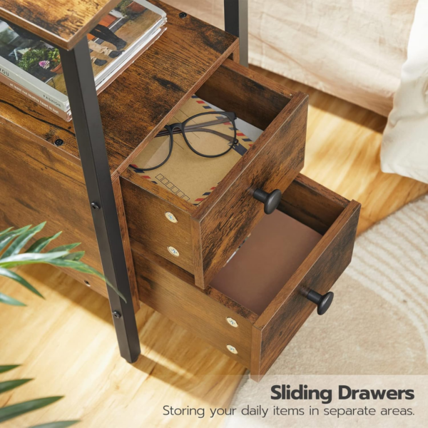 Side Table, Narrow Bedside Table with Charging Station, USB Ports and Power Outlets, Slim Side Table for Small Spaces, 2 Drawers, Industrial Nightstand, Rustic Brown and Black - Image 2
