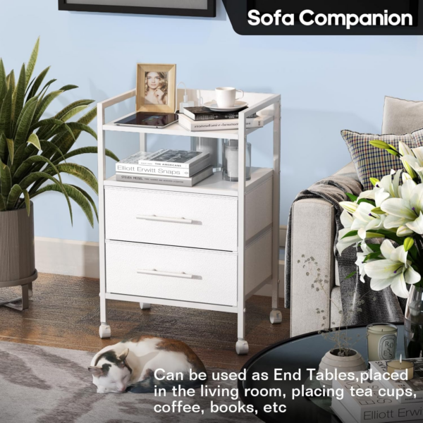 Bedside Table with Charging Station, Nightstand with 2 Outlets and 2 USB Ports, Sofa Side Table with 4 Castors and Fabric Drawers for Bedroom - Image 4