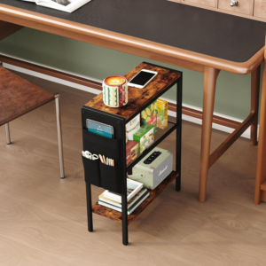 Small Narrow Side Table for Small Spaces, Slim End Table with Storage Bag, Sofa Snack Table with Adjustable Metal Mesh, 3 Tier Accent Skinny Beside Table for Living Room & Bedroom, Rustic Brown