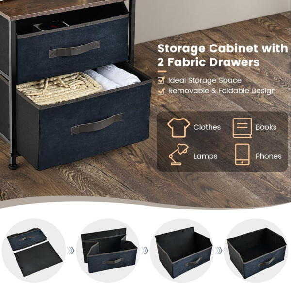 Bedside Table, Industrial Storage Nightstand with 2 Folding Fabric Drawers, Metal Frame End Tables for Bedroom Living Room Office - Image 5