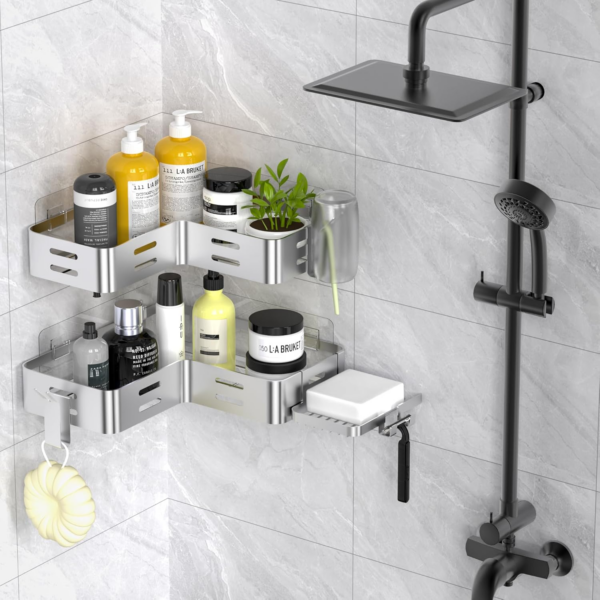Corner Shower Caddy, Shower Shelf No Drilling, Bathroom Storage with Razor Holder for Shower and 2 Hooks, Shower Organiser(Silver) - Image 6