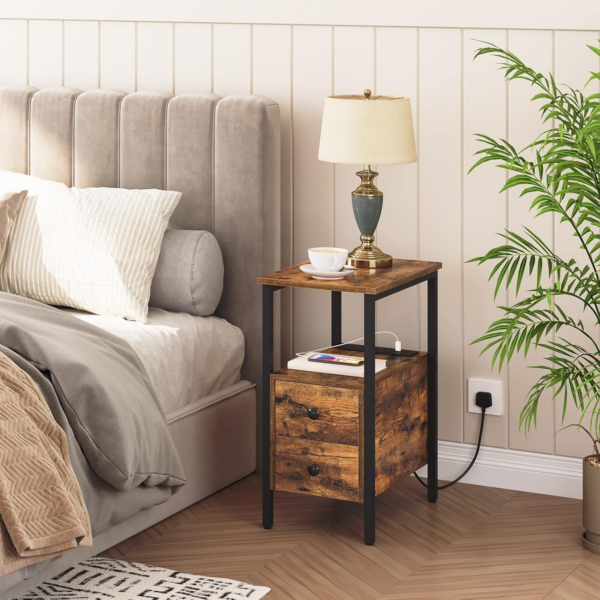 Side Table, Narrow Bedside Table with Charging Station, USB Ports and Power Outlets, Slim Side Table for Small Spaces, 2 Drawers, Industrial Nightstand, Rustic Brown and Black - Image 3
