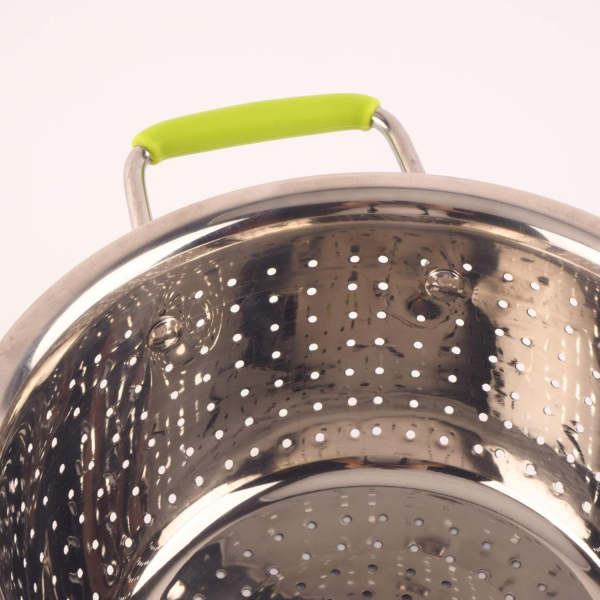 Stainless Steel Double-Handle Colander Deep Micro-Perforated 2.5 Quart Metal Food Strainer with Green Silicone Handles - Image 3