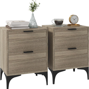 Bedside Tables Set of 2, Modern Nightstand with 2 Drawers, Small Sofa End Tables with Storage and Steel Legs for Bedroom, Living Room, Grey