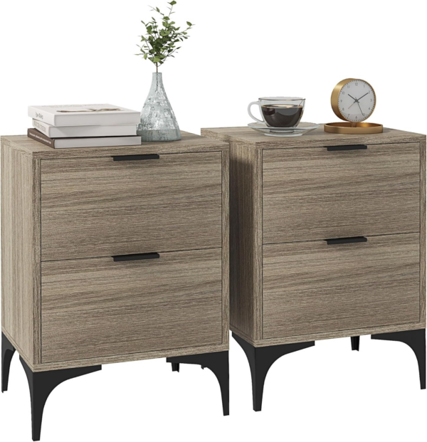 Bedside Tables Set of 2, Modern Nightstand with 2 Drawers, Small Sofa End Tables with Storage and Steel Legs for Bedroom, Living Room, Grey