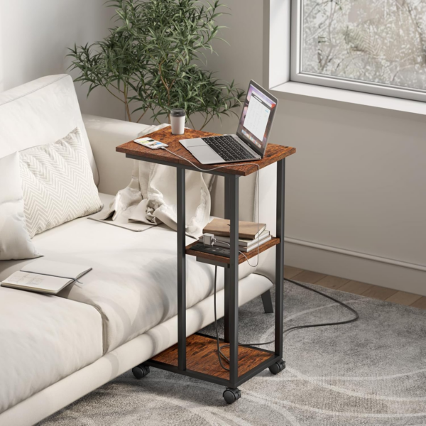 C Shaped End Table - C Table on Wheels - Bedside Table with Wheels, Power Outlet and USB - Sofa Charging Table for Living Room