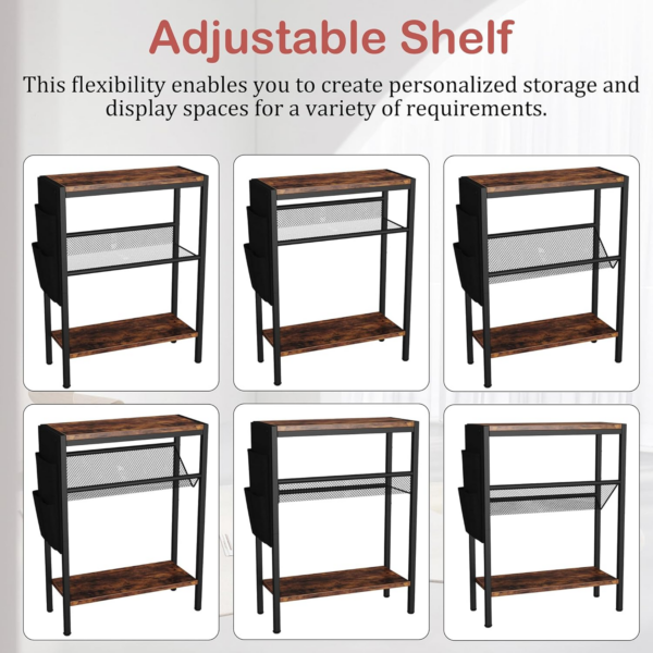 Small Narrow Side Table for Small Spaces, Slim End Table with Storage Bag, Sofa Snack Table with Adjustable Metal Mesh, 3 Tier Accent Skinny Beside Table for Living Room & Bedroom, Rustic Brown - Image 3