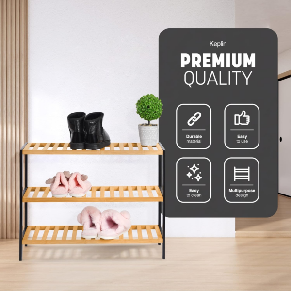 3 Tier Natural Bamboo Shoe Rack Easy Assembly & Strong Design Stand Shelf Organiser - Image 4
