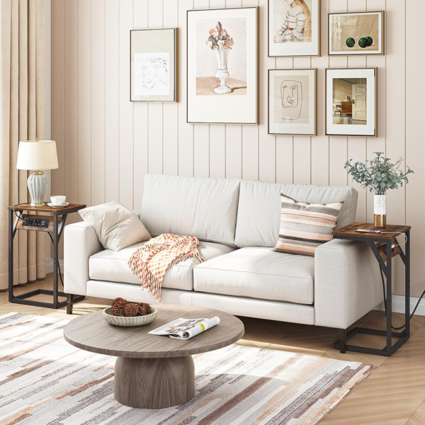 C Shaped Side Table, Sofa Side Table with Charging Station, 2 Plug Sockets and 2 USB Ports, Narrow Bedside Table - Image 6