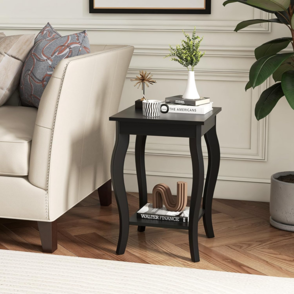 2-Tier Bedside Table, Modern Nightstand with Storage Shelf, Wooden Sofa Side Table Simple Style End Table for Living Room Bedroom (1, Black) - Image 5