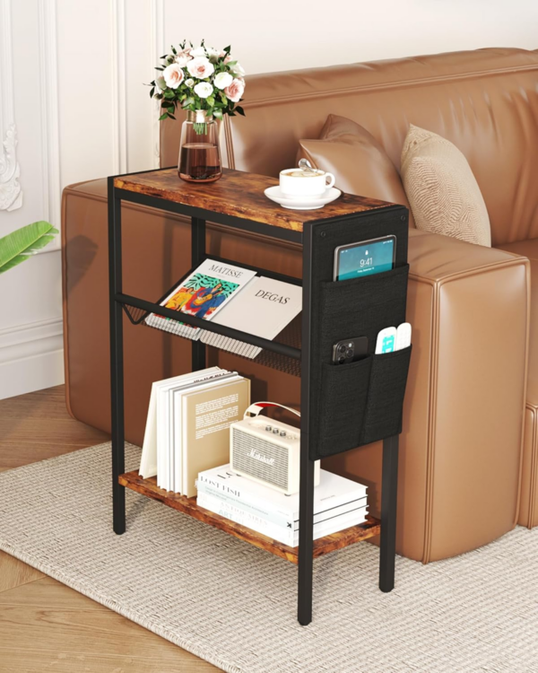 Small Narrow Side Table for Small Spaces, Slim End Table with Storage Bag, Sofa Snack Table with Adjustable Metal Mesh, 3 Tier Accent Skinny Beside Table for Living Room & Bedroom, Rustic Brown - Image 5