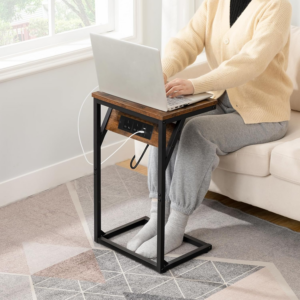 C Shaped Side Table, Sofa Side Table with Charging Station, 2 Plug Sockets and 2 USB Ports, Narrow Bedside Table