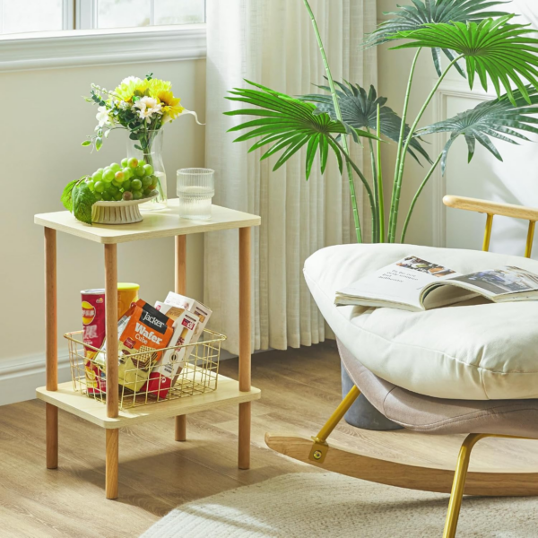 3-Tier Side Table, Solid Wood Tall End Table with Storage Shelves, Nightstand Bedside Table - Image 4