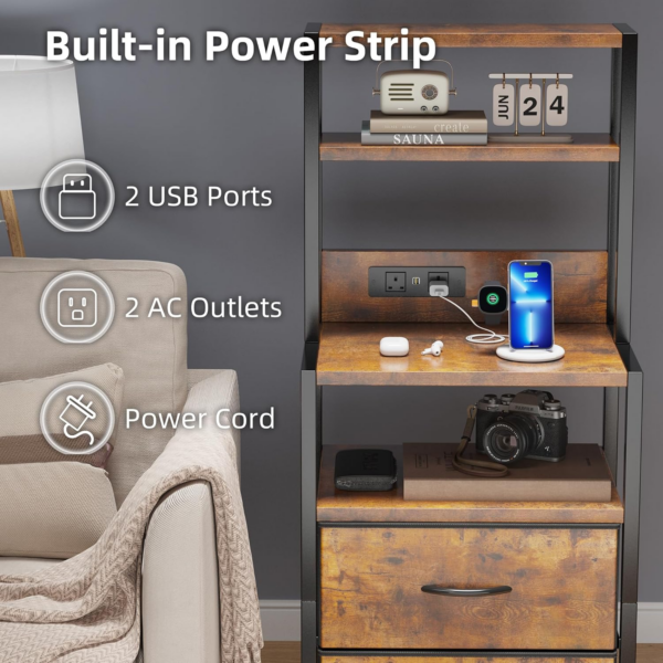 Bedside Table with Charging Station and LED Light Strips, Nightstand with Drawers, Bedside Cabinet for Living Room - Image 3