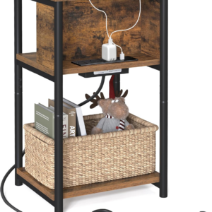 Slim Side Table with Charging Station, Narrow Bedside Table with 2 AC Outlets 2 USB Outlets