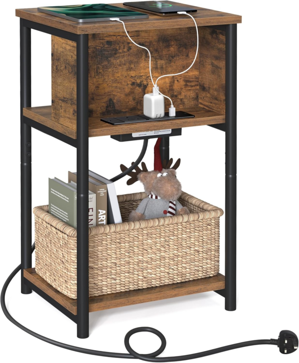 Slim Side Table with Charging Station, Narrow Bedside Table with 2 AC Outlets 2 USB Outlets