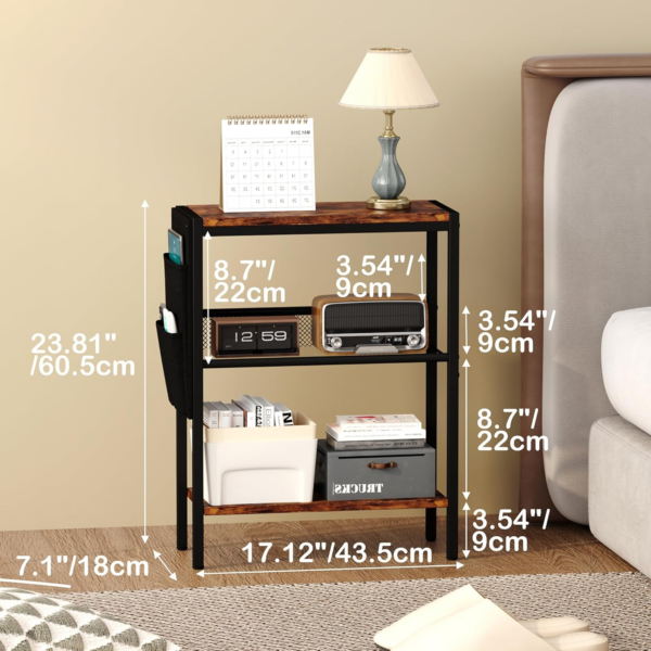 Small Narrow Side Table for Small Spaces, Slim End Table with Storage Bag, Sofa Snack Table with Adjustable Metal Mesh, 3 Tier Accent Skinny Beside Table for Living Room & Bedroom, Rustic Brown - Image 6