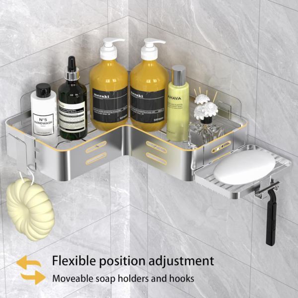 Corner Shower Caddy, Shower Shelf No Drilling, Bathroom Storage with Razor Holder for Shower and 2 Hooks, Shower Organiser(Silver) - Image 5