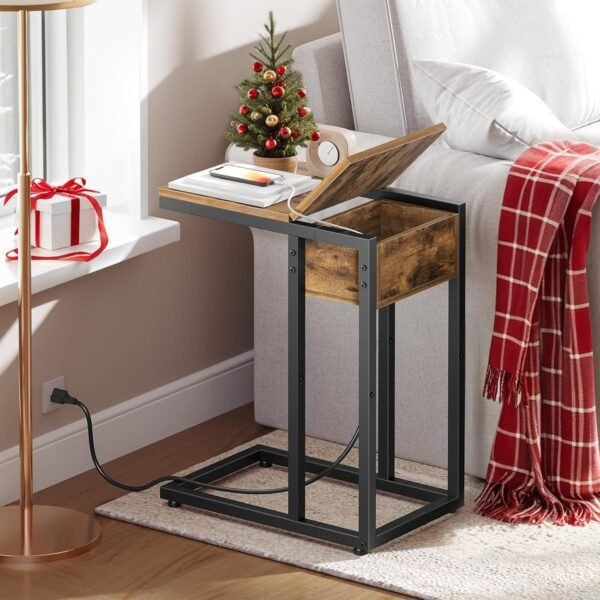 C Shaped Side Table, Sofa Side Table with Charging Station, Narrow Bedside Table with Lift-Up Lid, 1 Outlet and 2 USB Ports, Small End Table for Living Room, Bedroom, Rustic Brown - Image 6