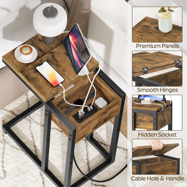 C Shaped Side Table, Sofa Side Table with Charging Station, Narrow Bedside Table with Lift-Up Lid, 1 Outlet and 2 USB Ports, Small End Table for Living Room, Bedroom, Rustic Brown - Image 4