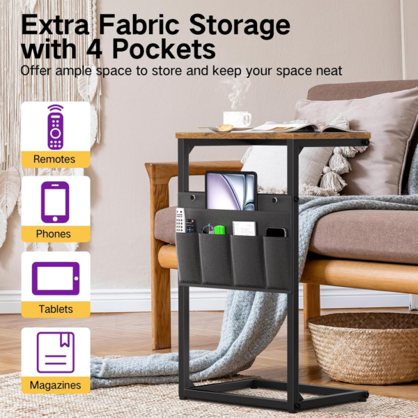 C Shaped Side Table 69cm High with Storage Bag, Narrow Sofa End Snack Table for Small Space, Slide Under Couch Table - Image 7