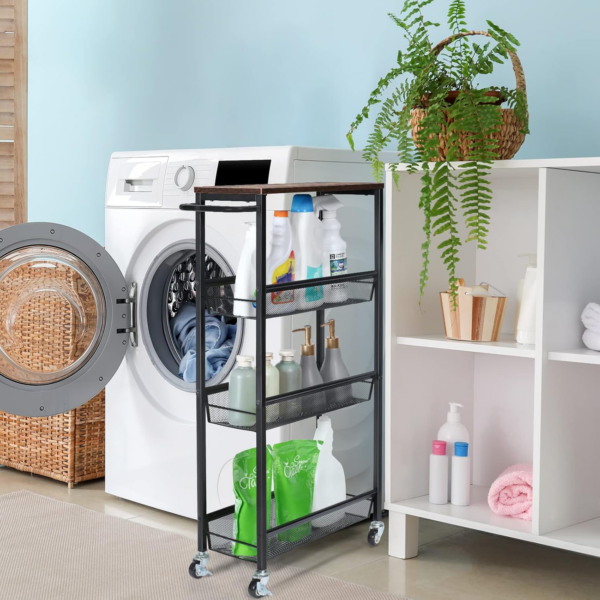 4-Tier Storage Trolley Cart, Slim Storage Trolley, Narrow Storage Unit, Rolling Cart Storage Organizer on Wheels - Image 4
