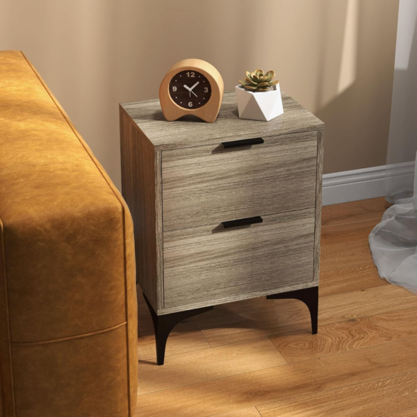 Bedside Tables Set of 2, Modern Nightstand with 2 Drawers, Small Sofa End Tables with Storage and Steel Legs for Bedroom, Living Room, Grey - Image 2