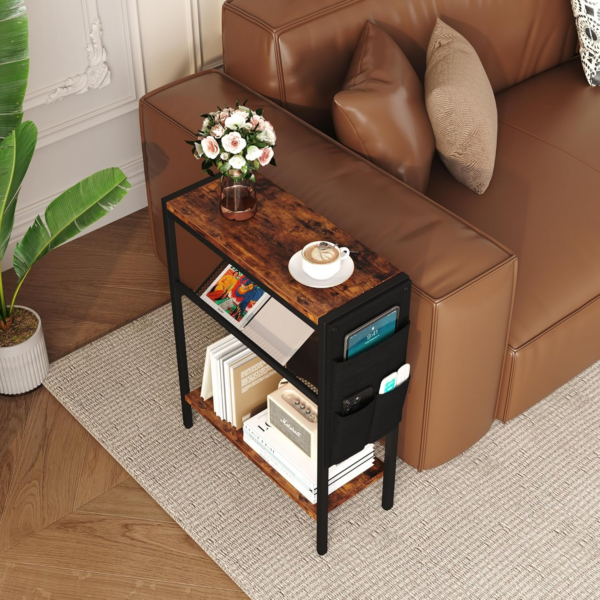 Small Narrow Side Table for Small Spaces, Slim End Table with Storage Bag, Sofa Snack Table with Adjustable Metal Mesh, 3 Tier Accent Skinny Beside Table for Living Room & Bedroom, Rustic Brown - Image 2