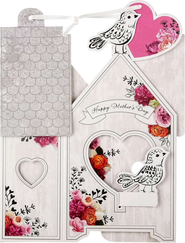Mothers Day Card, 3D & Pop Up Birdhouse Design, Floral Patterns, Mothers Day Card for Mum, Keepsake, White, Pink - Image 3