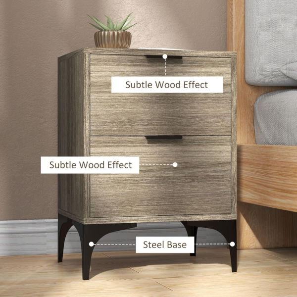 Bedside Tables Set of 2, Modern Nightstand with 2 Drawers, Small Sofa End Tables with Storage and Steel Legs for Bedroom, Living Room, Grey - Image 3