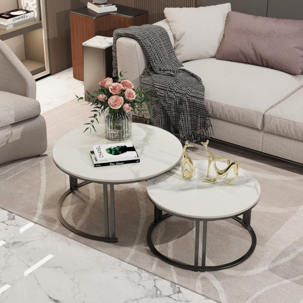 Marble Top Tables Round Coffee Table - Nesting Coffee Tables Set of 2 White Marble Sintered Stone Table with Black Metal Frame Nest of Tables,Living Room Apartment Hotel Office - Image 4