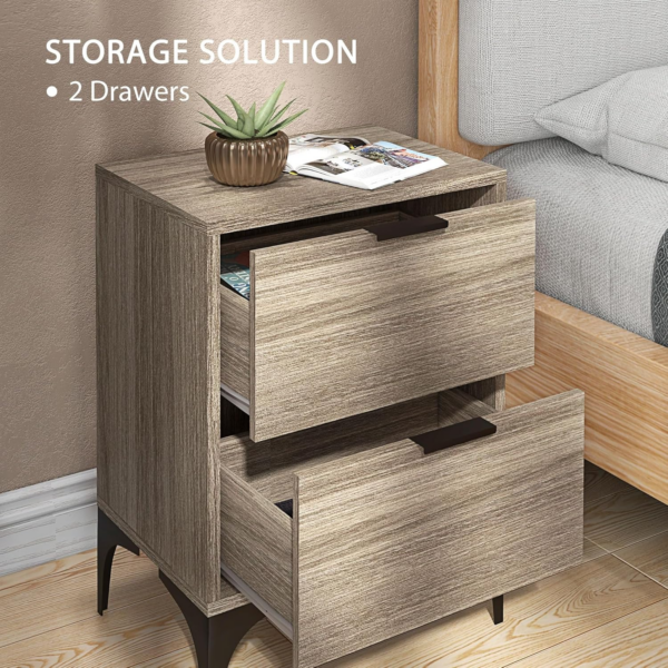 Bedside Tables Set of 2, Modern Nightstand with 2 Drawers, Small Sofa End Tables with Storage and Steel Legs for Bedroom, Living Room, Grey - Image 4