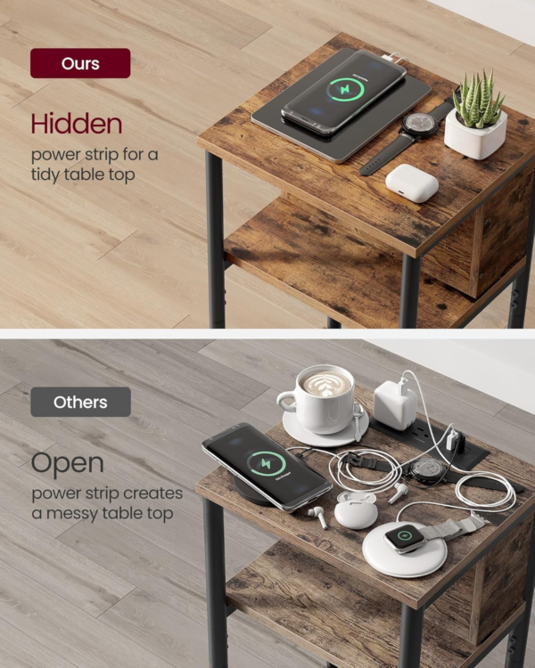 Slim Side Table with Charging Station, Narrow Bedside Table with 2 AC Outlets 2 USB Outlets - Image 5