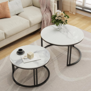 Marble Top Tables Round Coffee Table - Nesting Coffee Tables Set of 2 White Marble Sintered Stone Table with Black Metal Frame Nest of Tables,Living Room Apartment Hotel Office